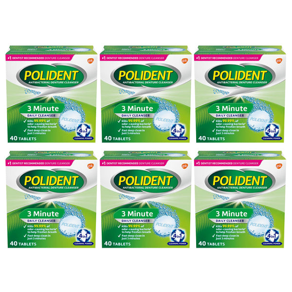 6 Pack - Polident 3 Minute Denture Cleanser 40 tablets Each Hot on Sale