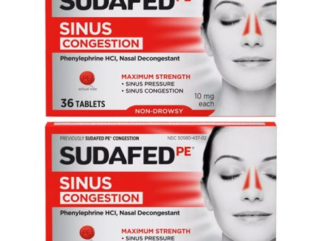 2 Pack - Sudafed PE Maximum Strength Non-Drowsy Congestion & Sinus Relief 36 ct Each For Sale